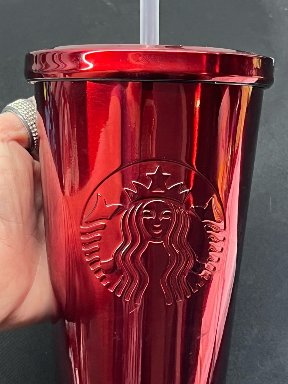 Starbucks Red Metallic Cold Cup Tumbler with Straw Coffee & Tea Theme - Picture 2 of 5